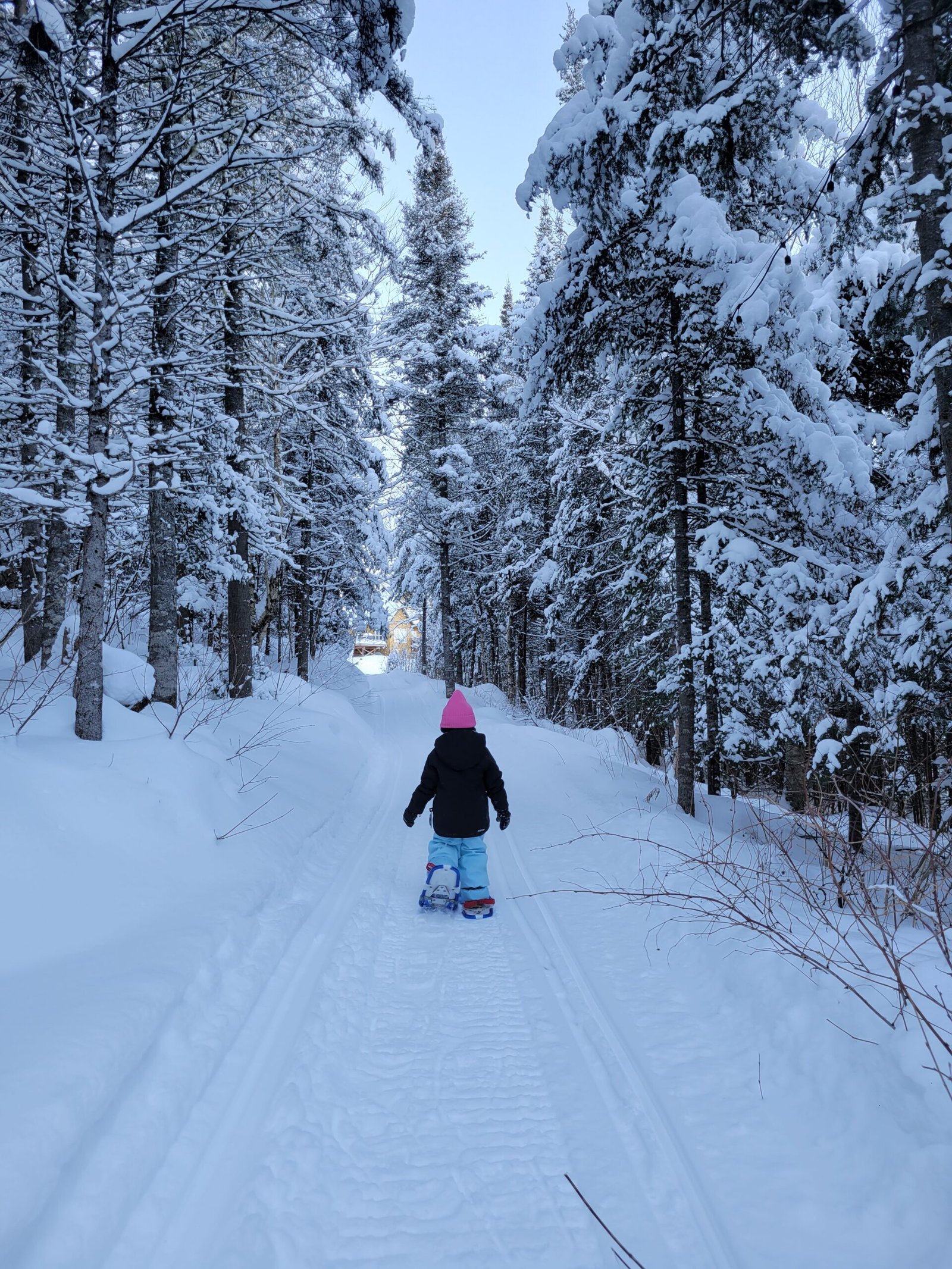 Enfant qui marche en raquette dans la neige en forêt